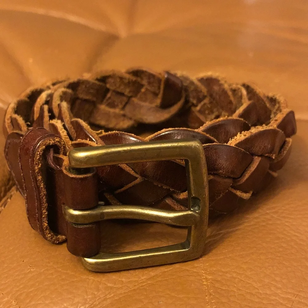 Gap Women's Braided Genuine Leather Belt Solid Brass Buckle XS